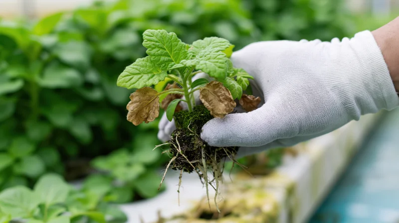 Gloved hand holding a small plant with roots and wilted leaves in a greenhouse setting