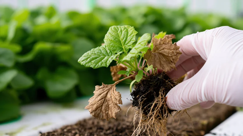 Gloved hand holding a small plant with wilted and healthy leaves, roots exposed, in a greenhouse setting