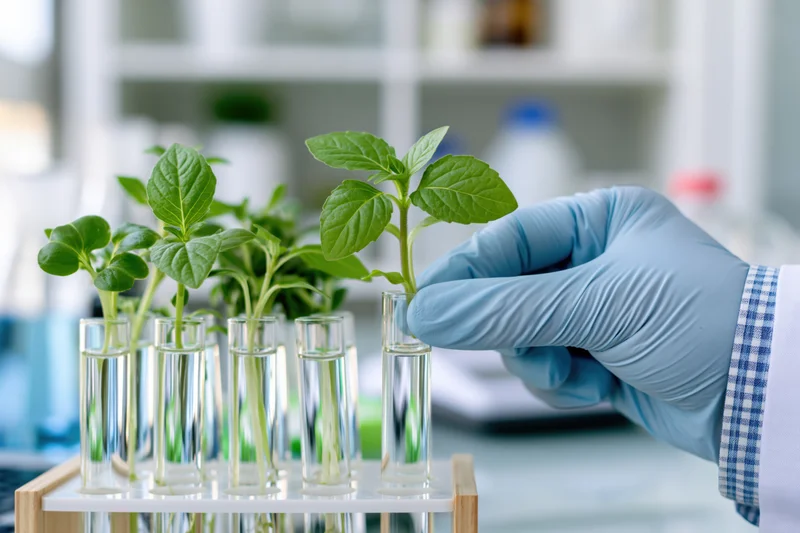Gloved hand placing a green plant seedling into a test tube in a laboratory rack