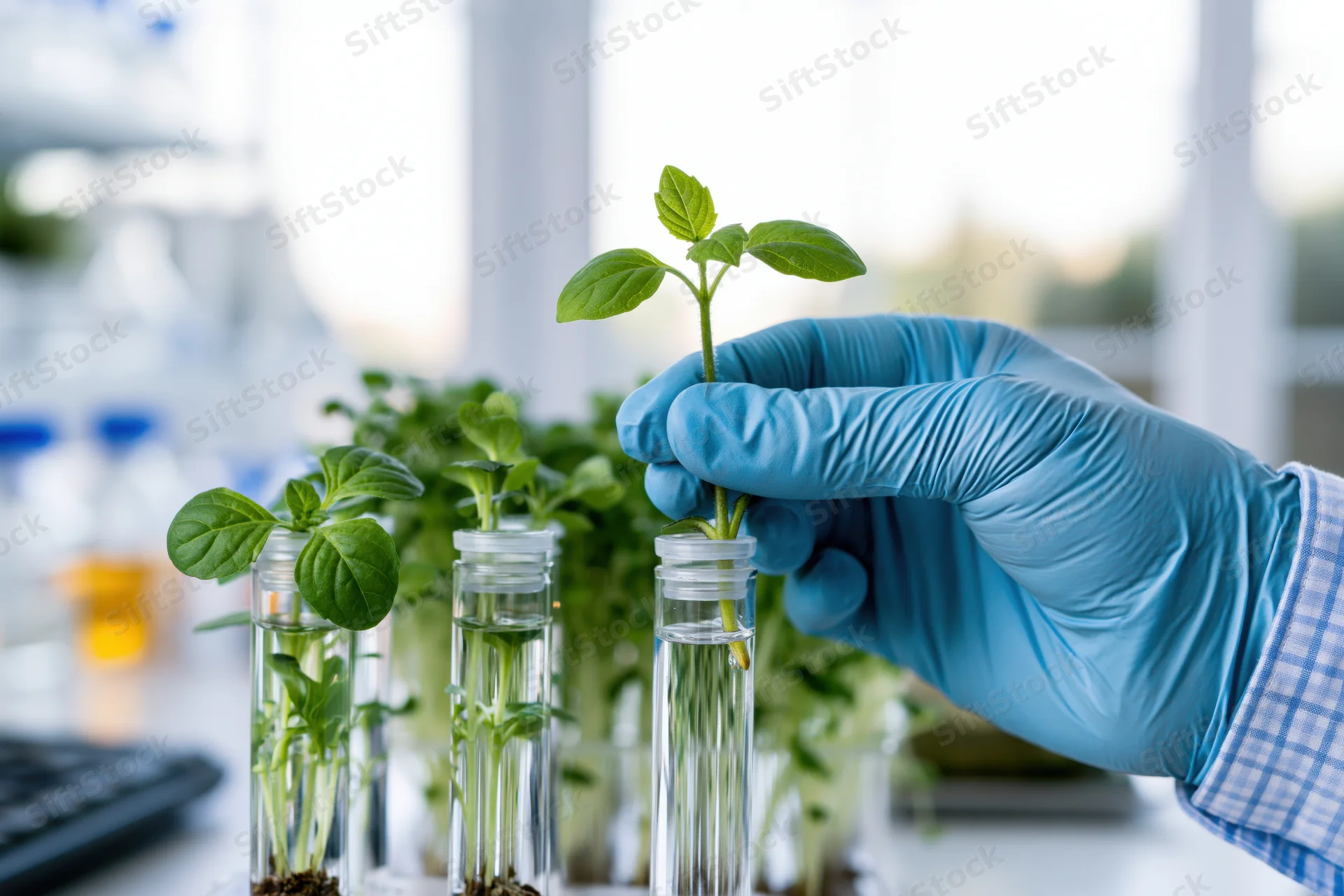 Gloved hand holding a young plant in a test tube in a laboratory setting