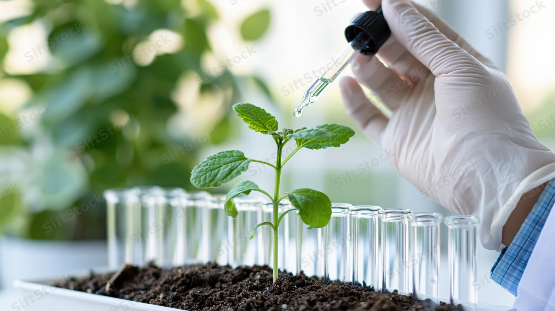 Scientist using dropper to apply liquid to small plant in soil tray with test tubes in lab setting