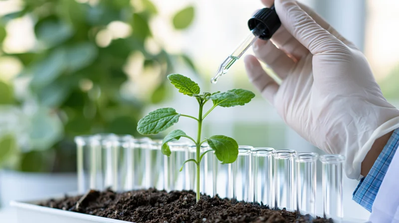 Scientist using dropper to apply liquid to small plant in soil tray with test tubes in lab setting