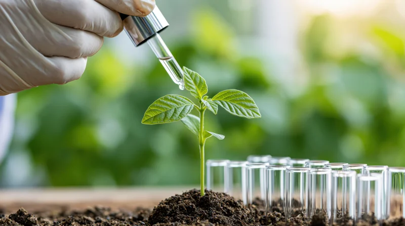 Scientist using dropper to apply liquid to a young plant in soil with test tubes nearby