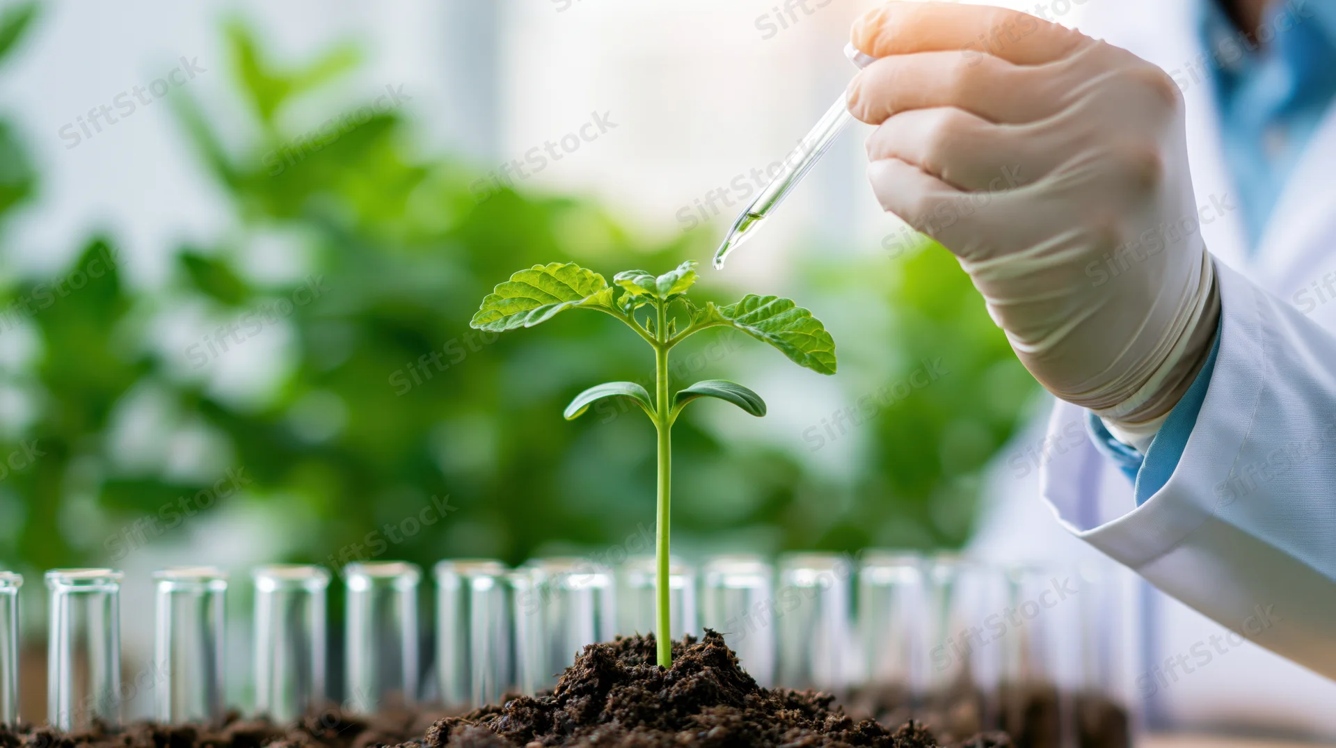 Scientist in white coat and gloves using dropper to apply liquid to small green plant in soil, surrounded by test tubes in lab setting