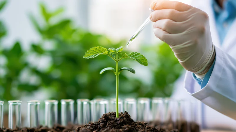 Scientist in white coat and gloves using dropper to apply liquid to small green plant in soil, surrounded by test tubes in lab setting