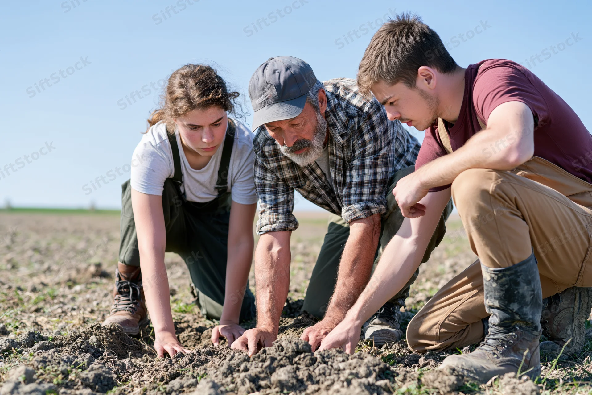 Three people examining soil in a field during daytime
