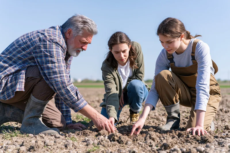 Farmer and two young women examining soil in a plowed field