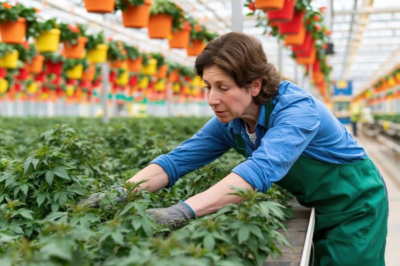 Woman tending cannabis plants in greenhouse tray setup