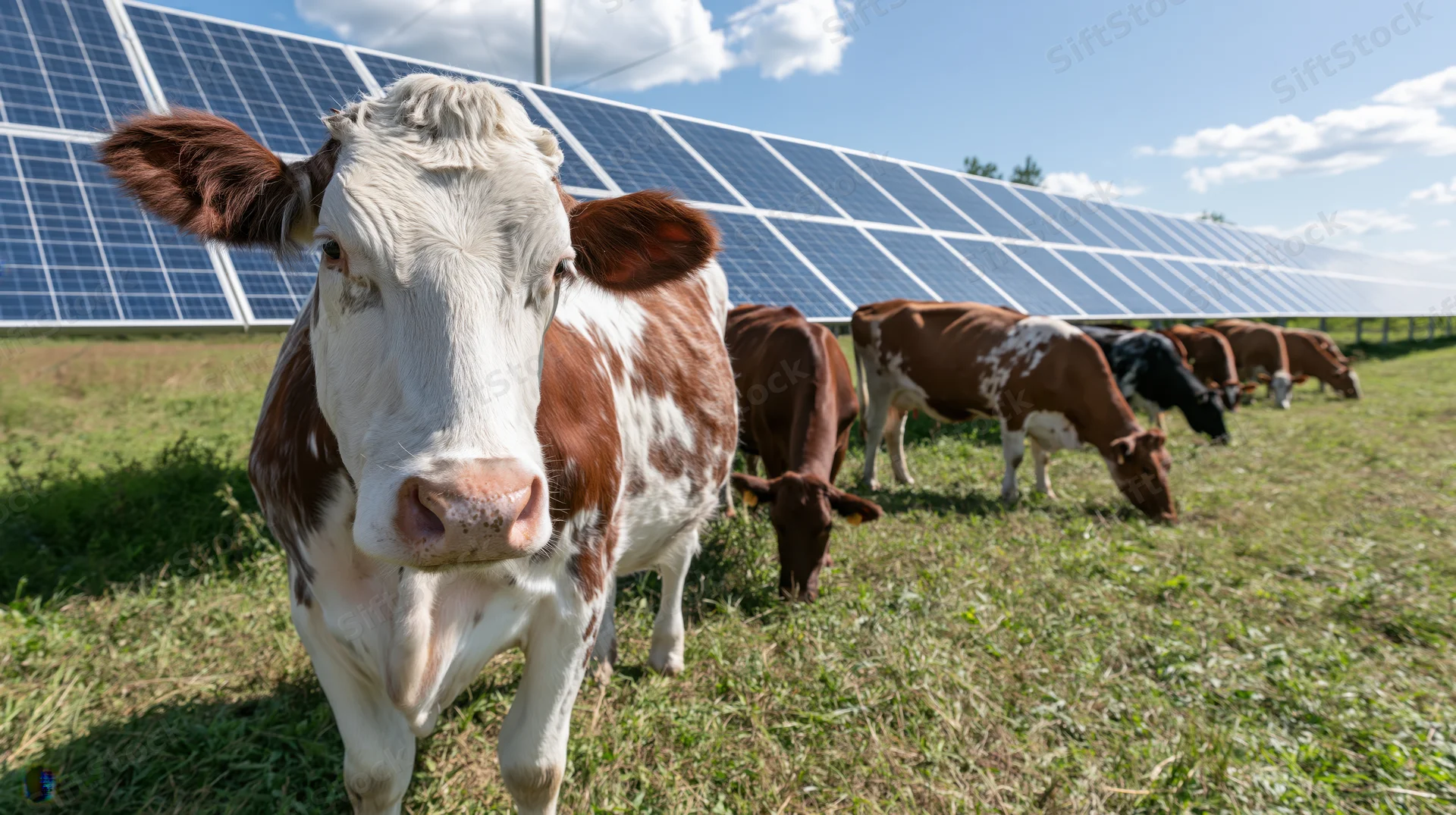 Cow standing in a grassy field with solar panels in the background while other cows graze nearby