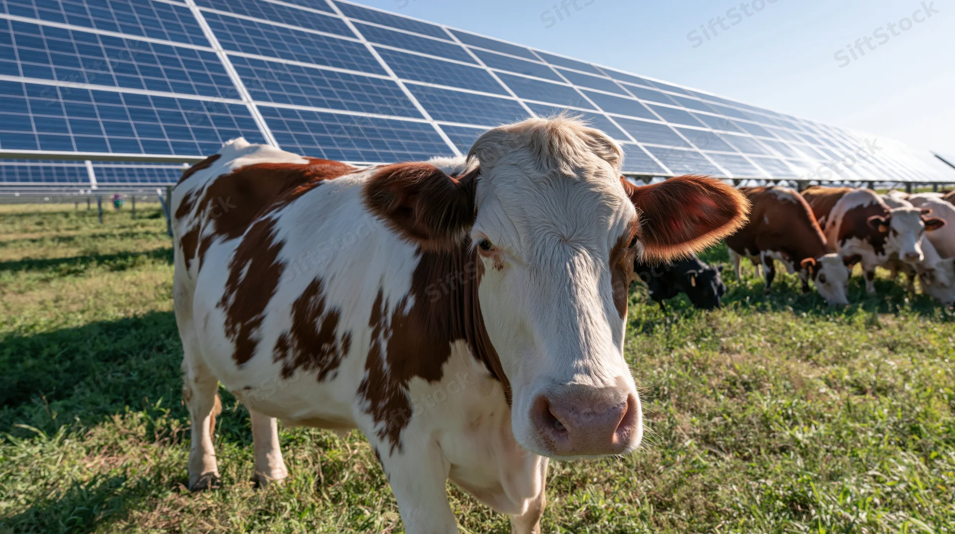 Cow standing in a grassy field with solar panels in the background