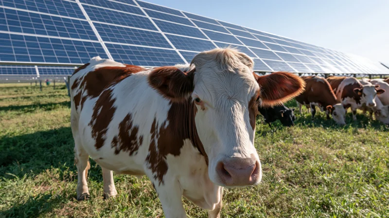 Cow standing in a grassy field with solar panels in the background