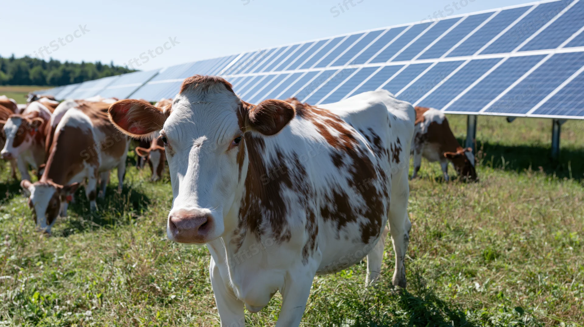 Spotted cow standing in a grassy field with solar panels in the background