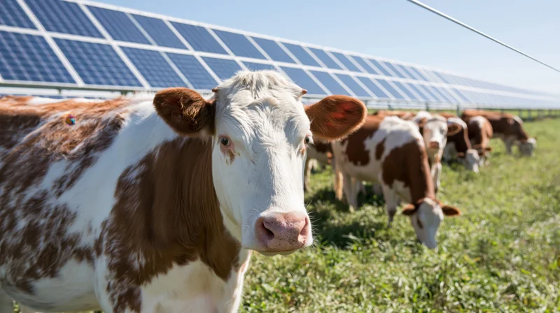 Spotted cow facing camera in a grassy field with solar panels in the background