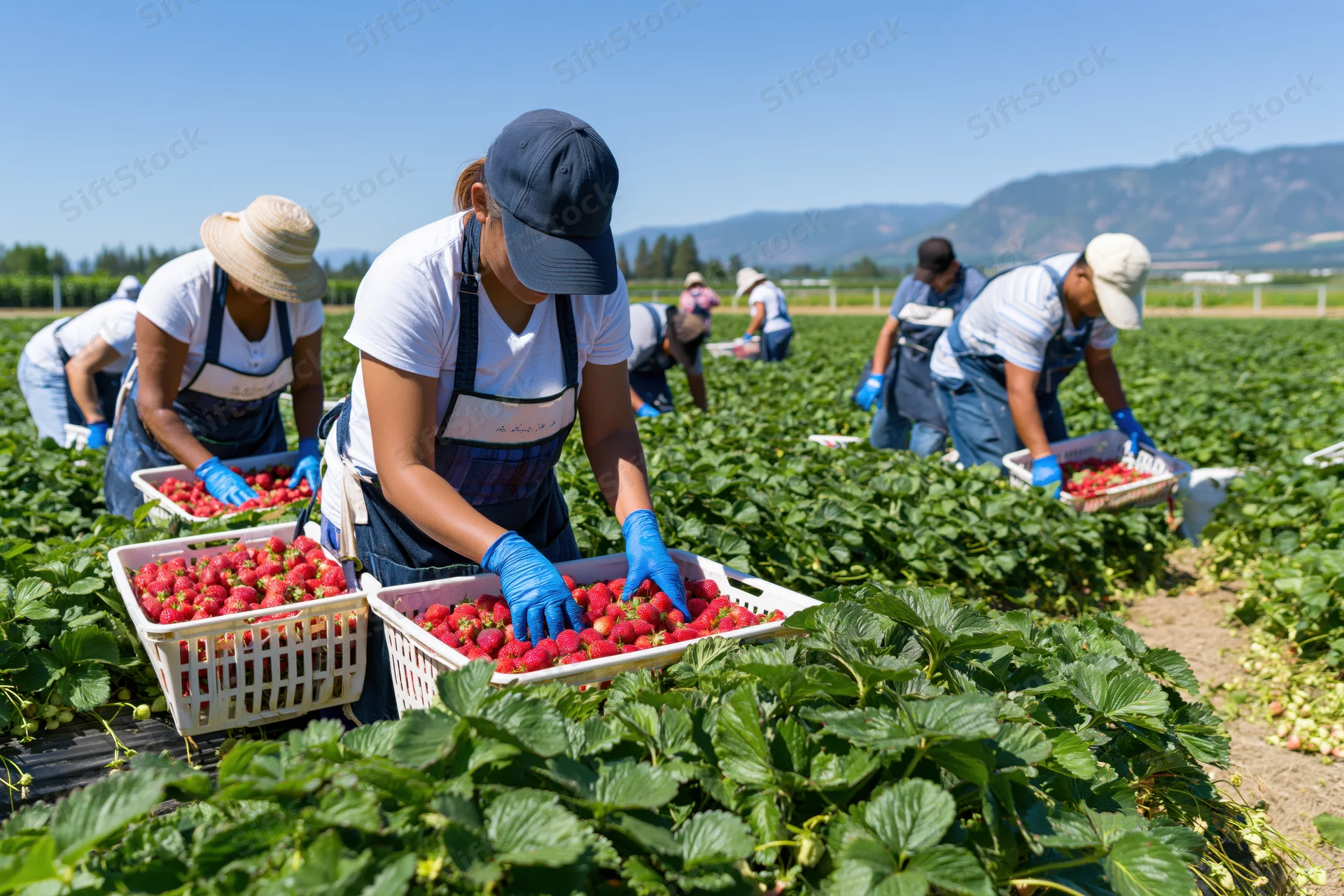 Farmworkers harvesting strawberries in a field on a sunny day