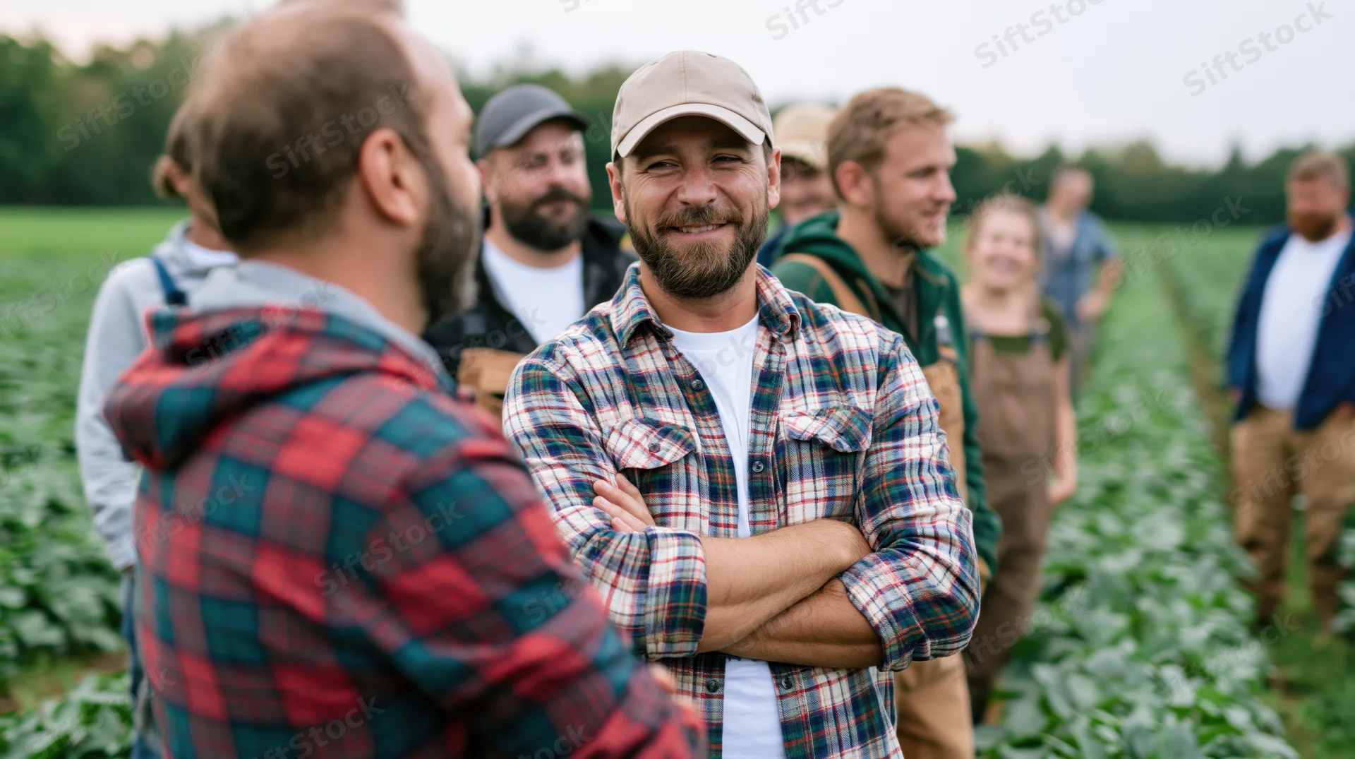 Smiling farmer with arms crossed talking to a group in a green crop field