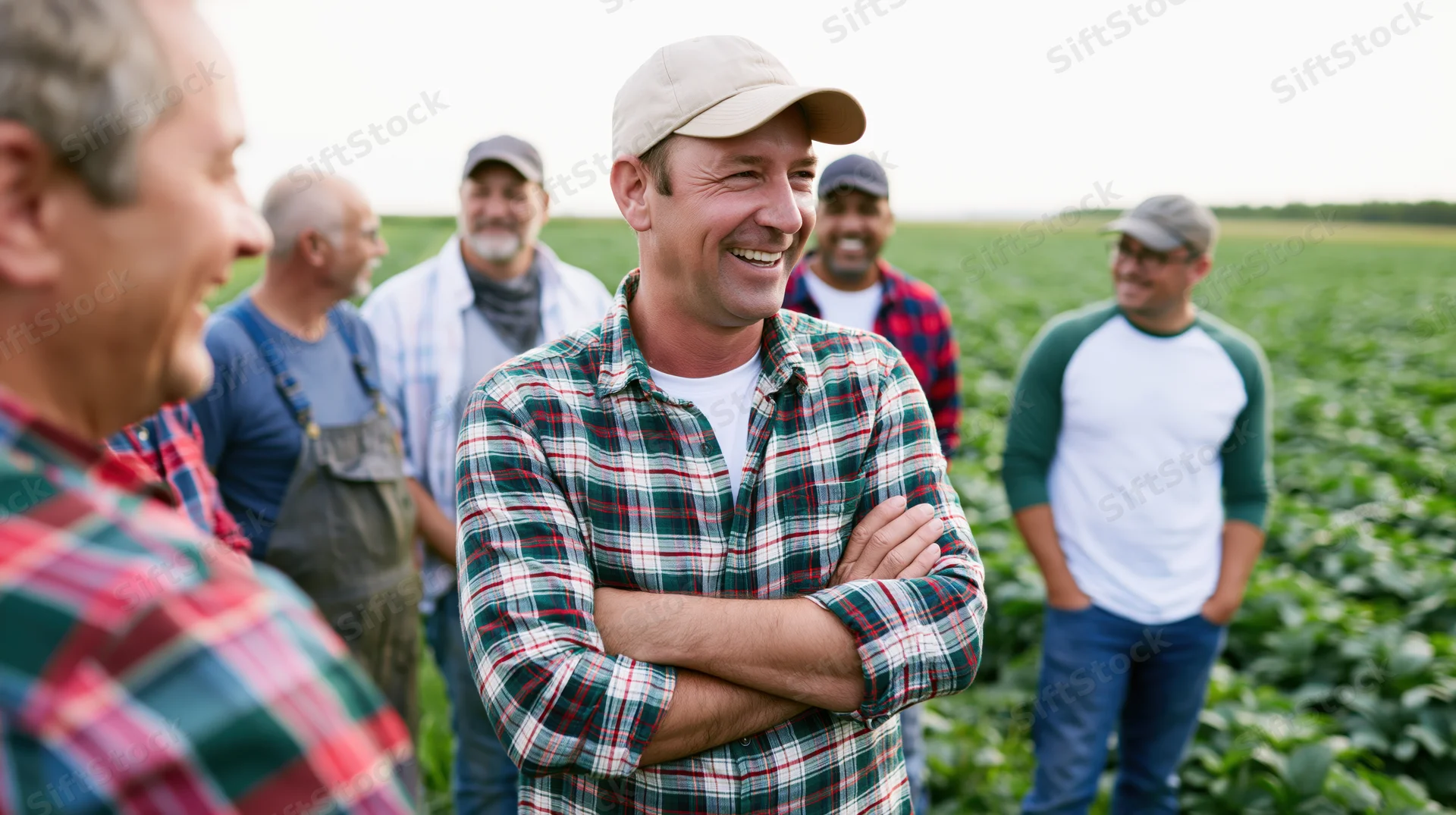 Smiling farmer with arms crossed laughing with group of men in soybean field