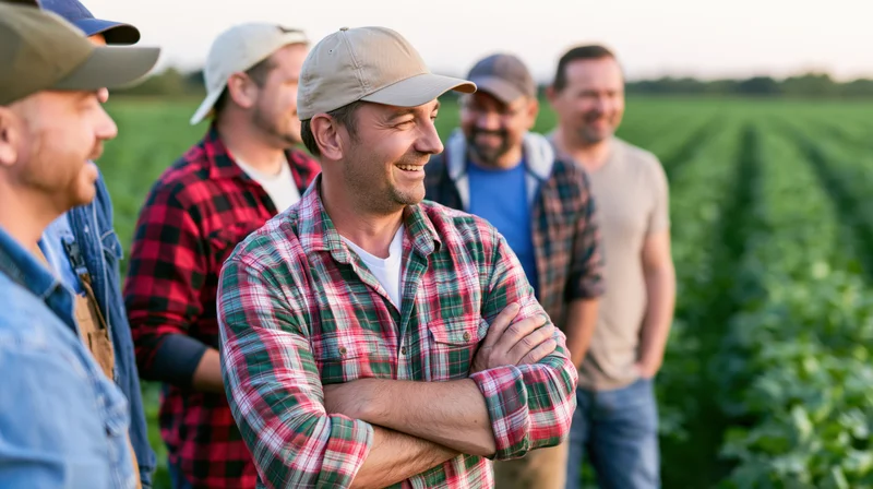 Group of smiling farmers standing in a green crop field with arms crossed and casual clothing