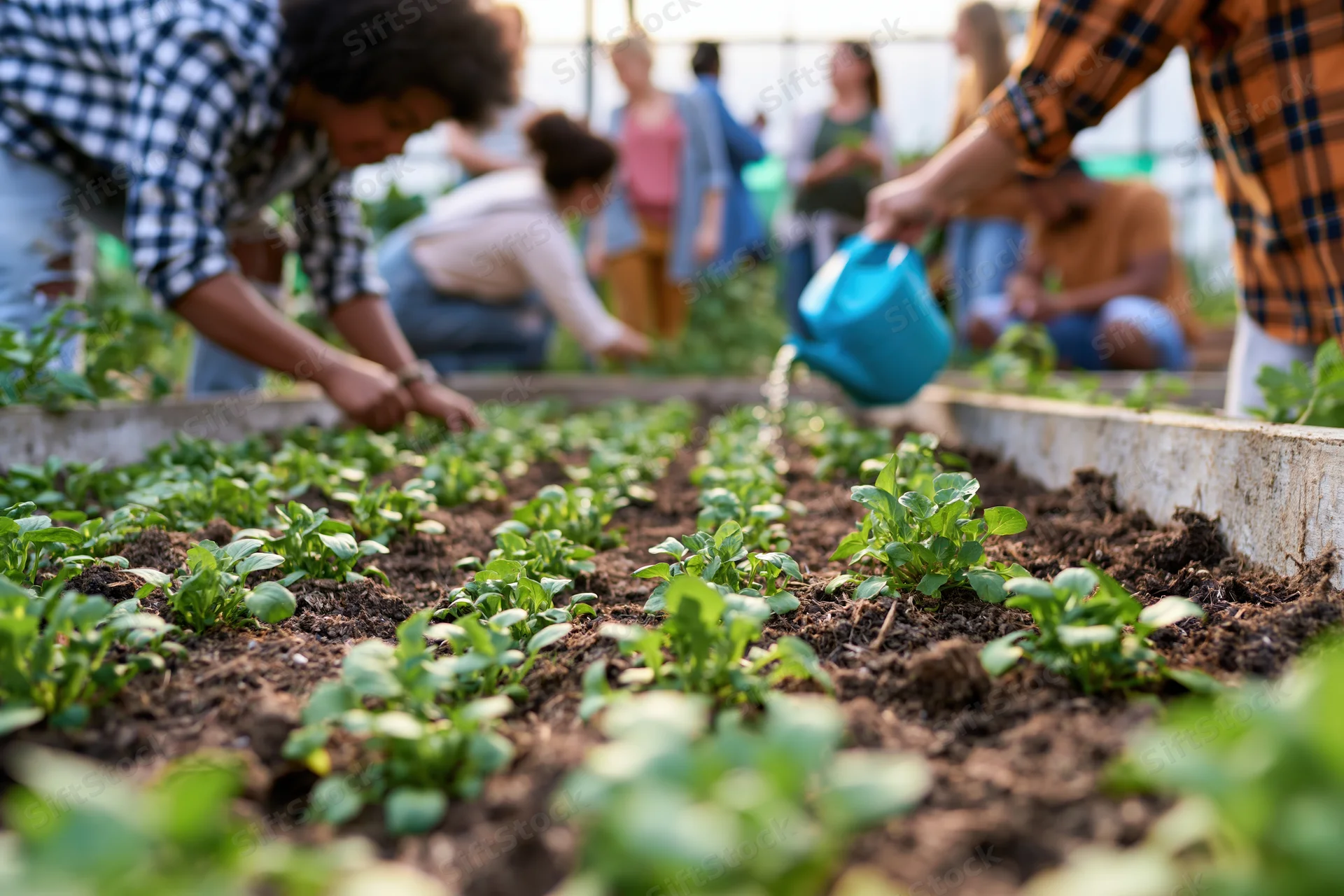 People tending rows of leafy seedlings in raised garden beds outdoors
