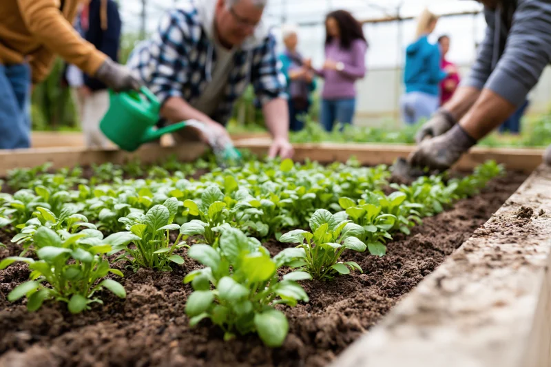 People tending seedlings in a raised garden bed outdoors