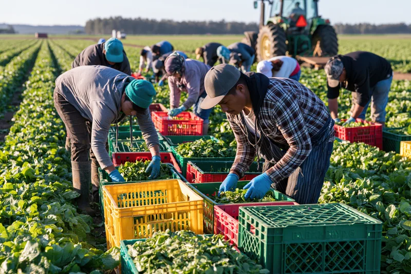 Farm workers harvesting lettuce in a field with crates and a tractor in the background