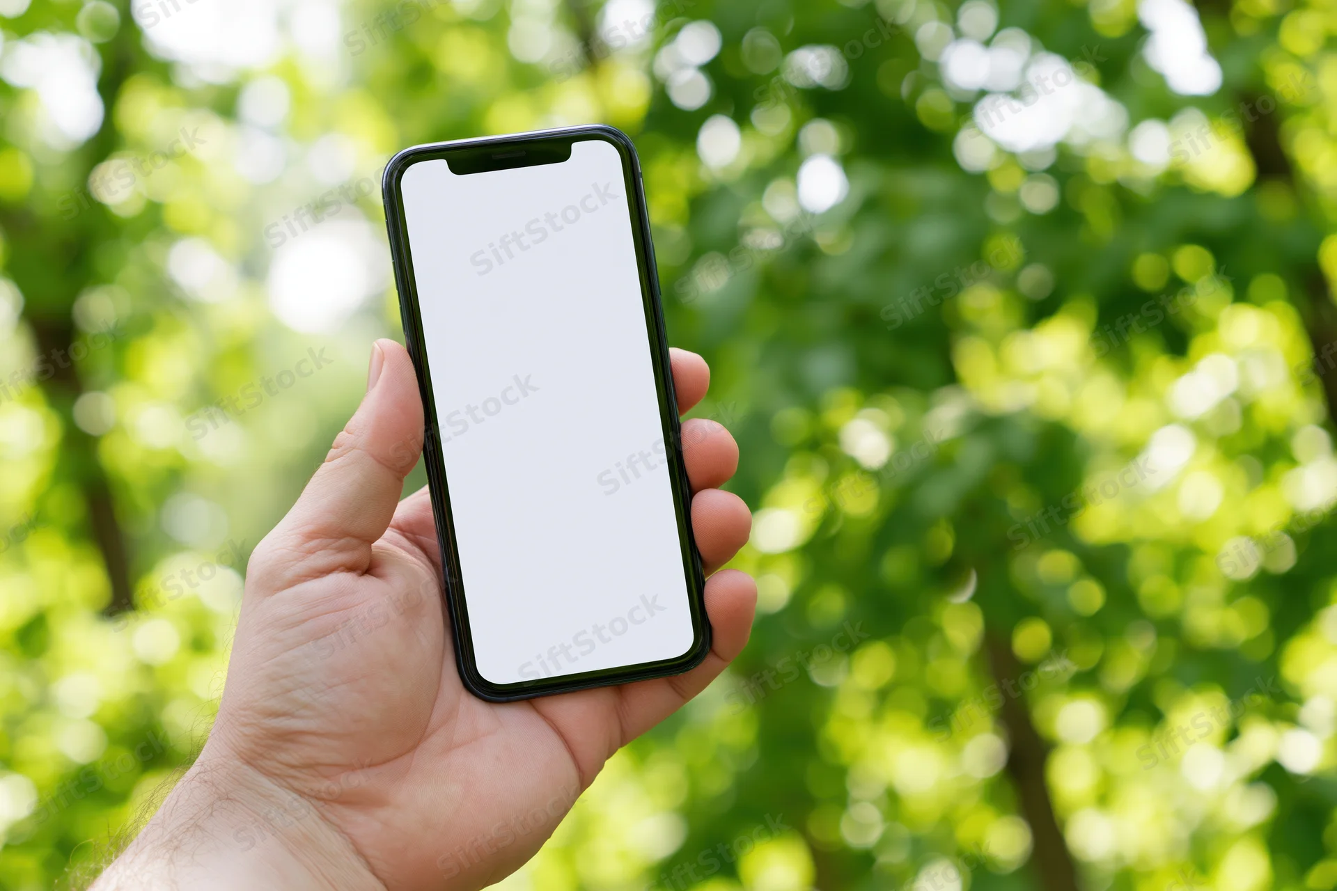 Hand holding smartphone with blank screen outdoors in green foliage