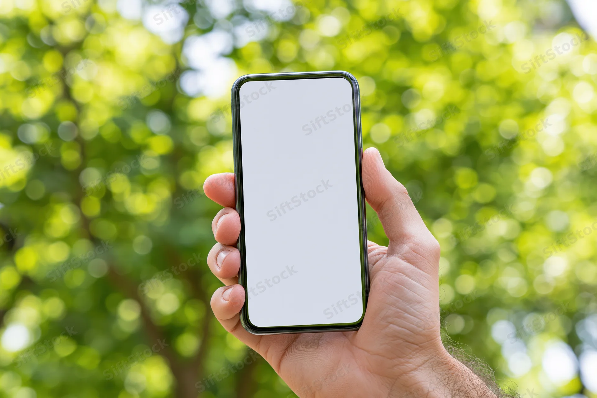 Hand holding a smartphone with blank screen outdoors against green foliage background