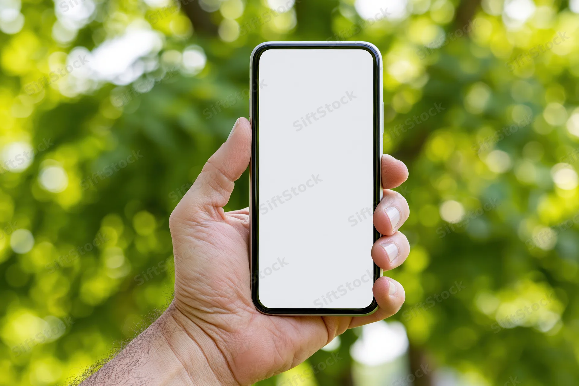 Hand holding smartphone with blank white screen outdoors against green foliage background