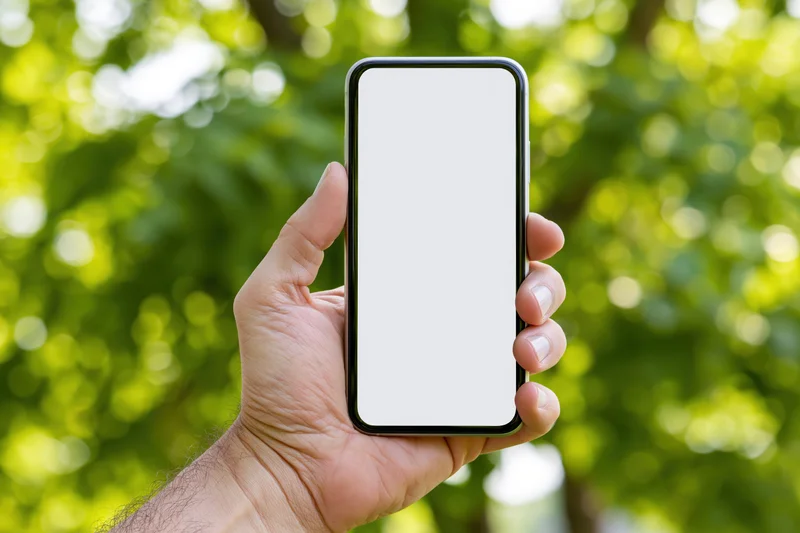 Hand holding smartphone with blank white screen outdoors against green foliage background