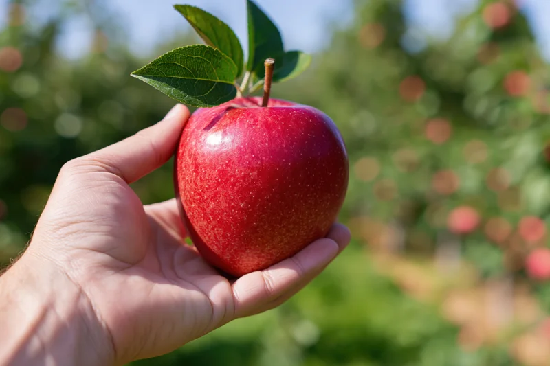 Hand holding a ripe red apple in an orchard with green foliage and trees in the background