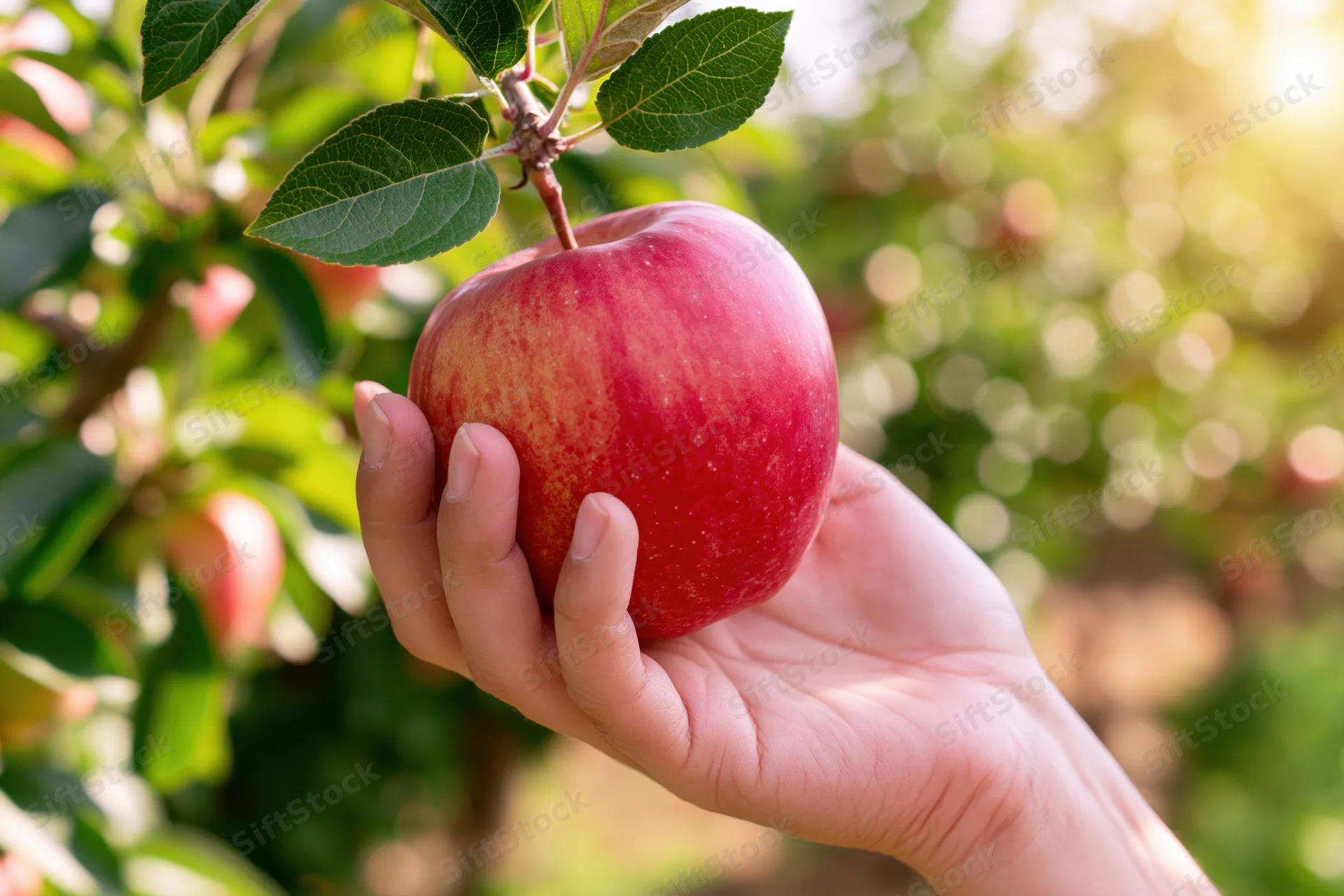 Hand holding a ripe red apple on a tree branch in an orchard