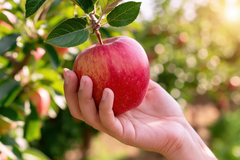 Hand holding a ripe red apple on a tree branch in an orchard