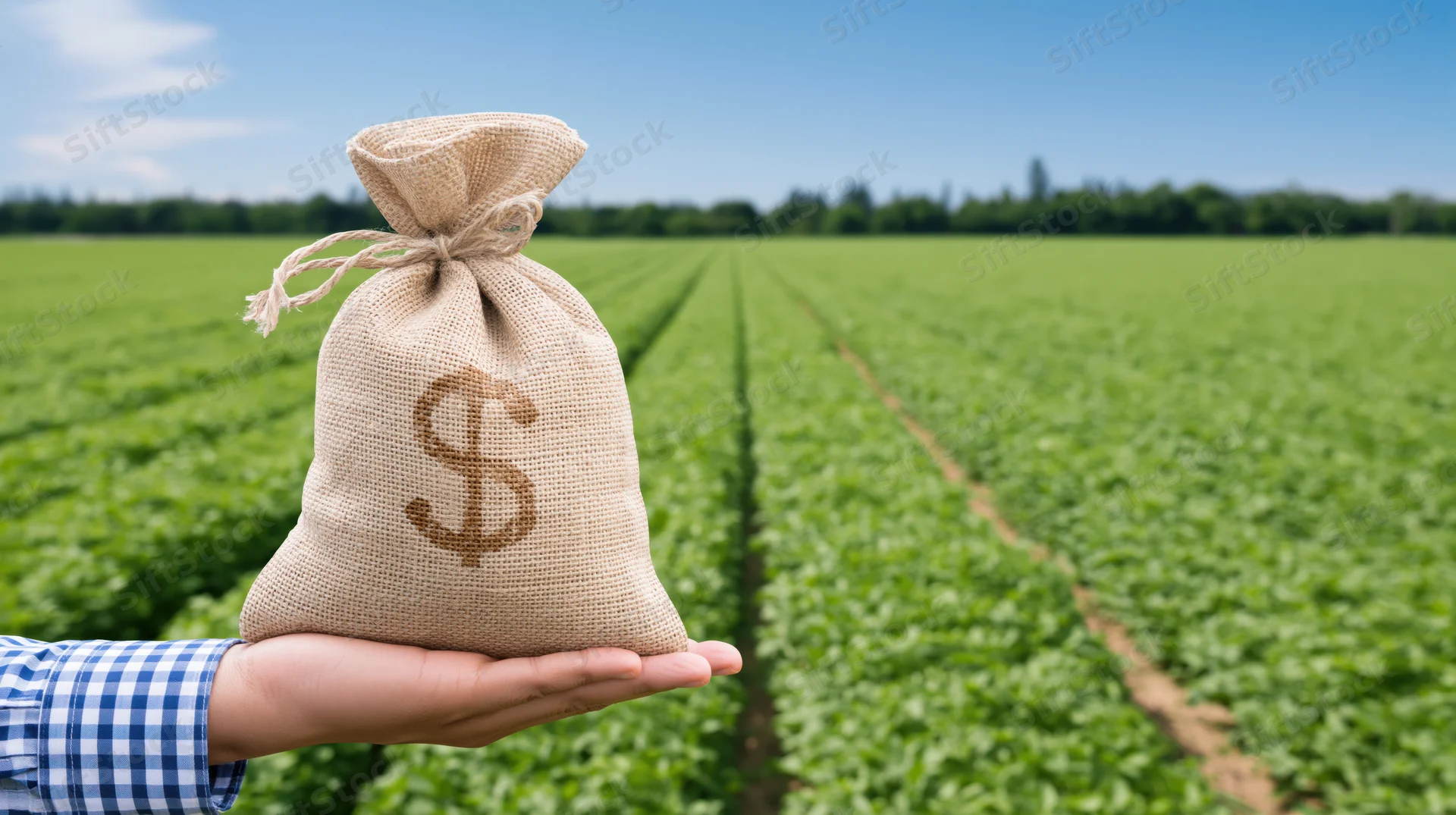 Hand holding a burlap sack with dollar sign in front of a green crop field