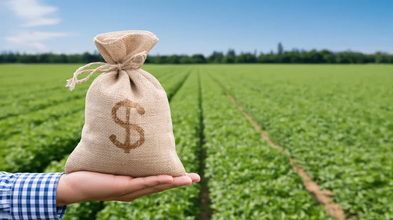 Hand holding a burlap sack with dollar sign in front of a green crop field