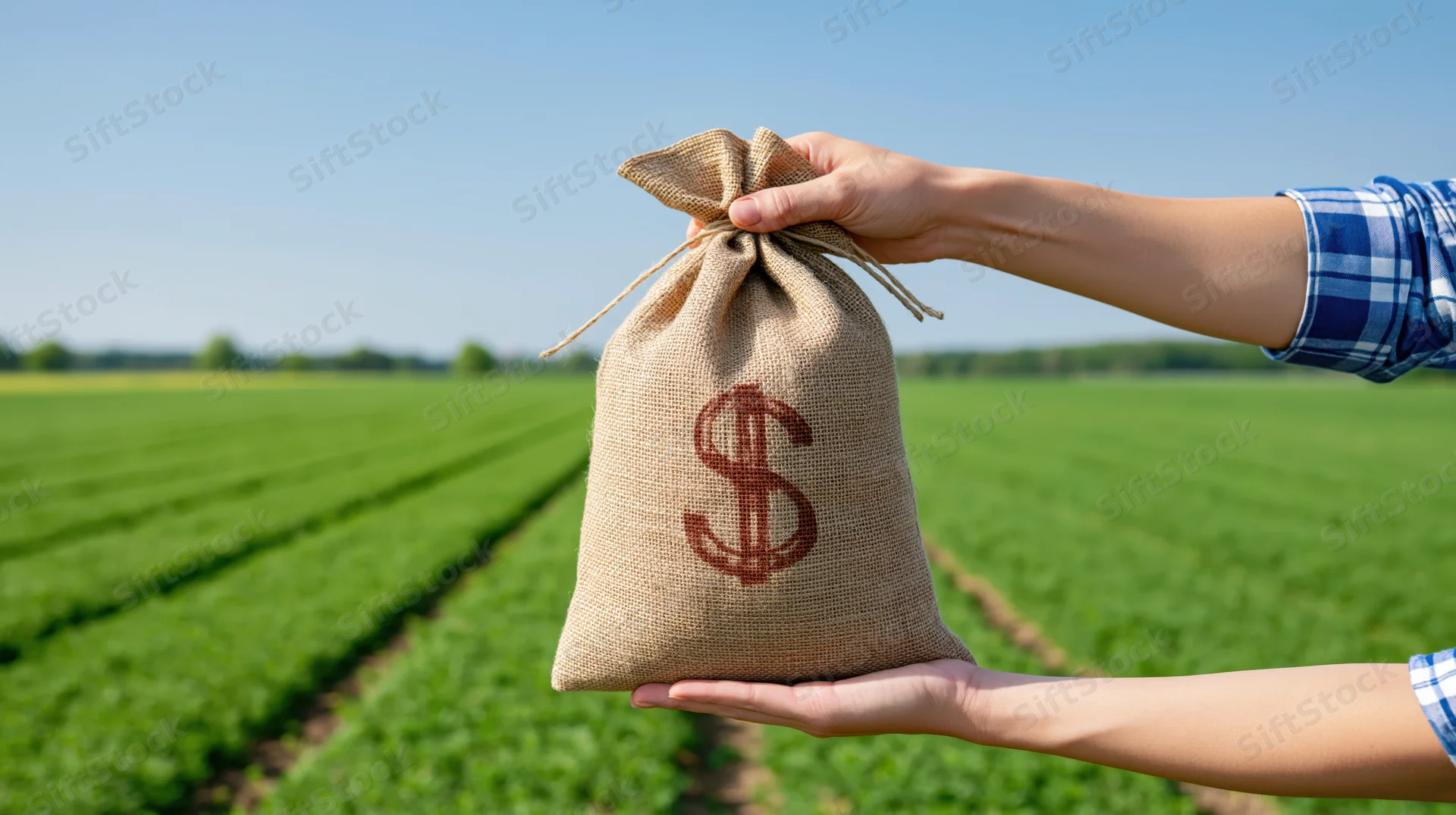 Farmer's hand holding a burlap sack with dollar symbol over a green crop field