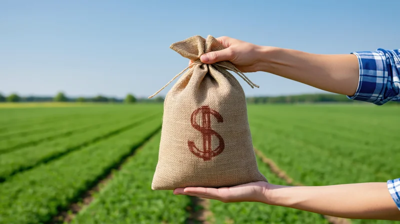 Farmer's hand holding a burlap sack with dollar symbol over a green crop field