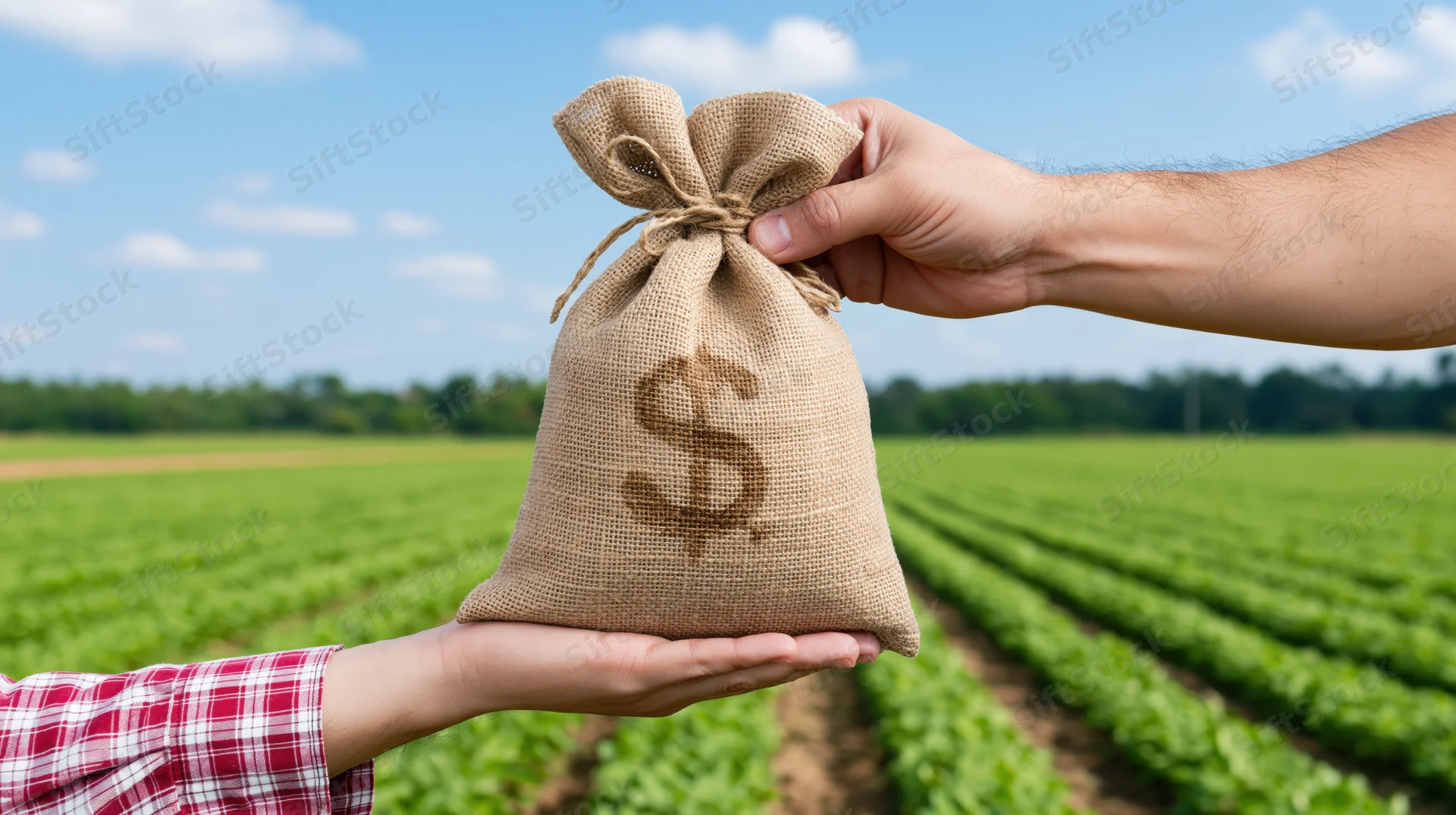 Farmer receiving money sack in a green crop field