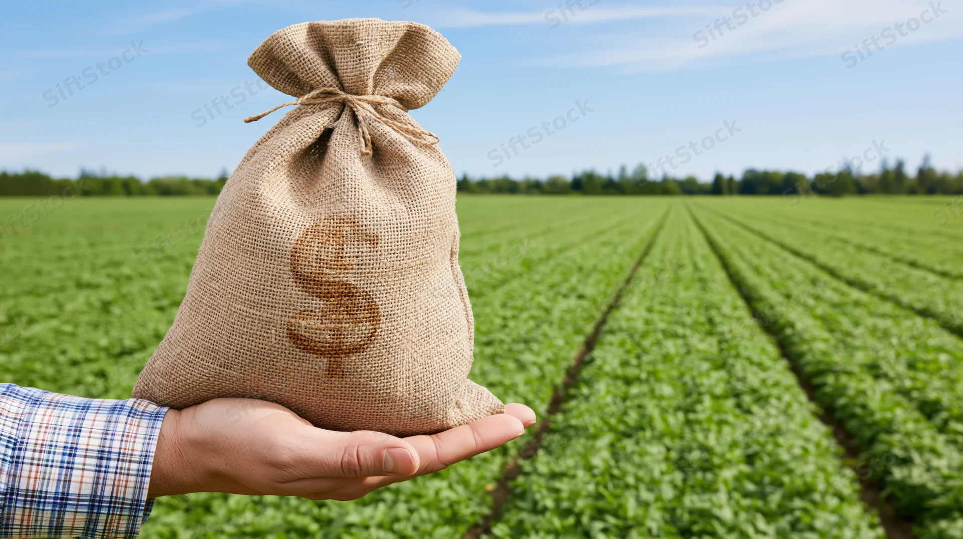 Hand holding a burlap sack with dollar symbol over a green crop field