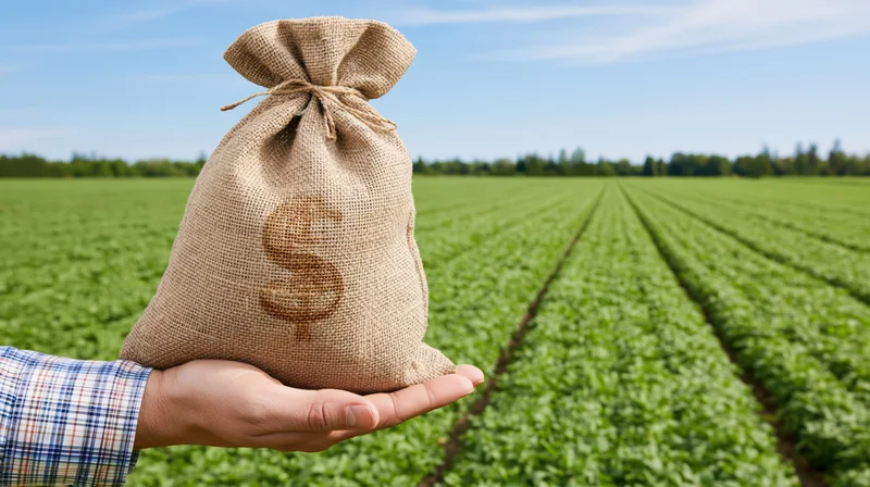 Hand holding a burlap sack with dollar symbol over a green crop field