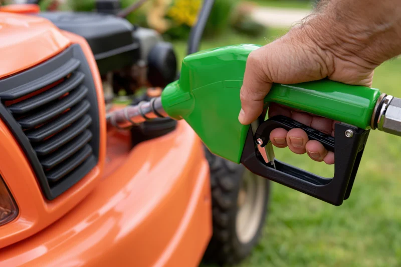 Hand refueling an orange lawn mower with a green gas nozzle in a grassy yard