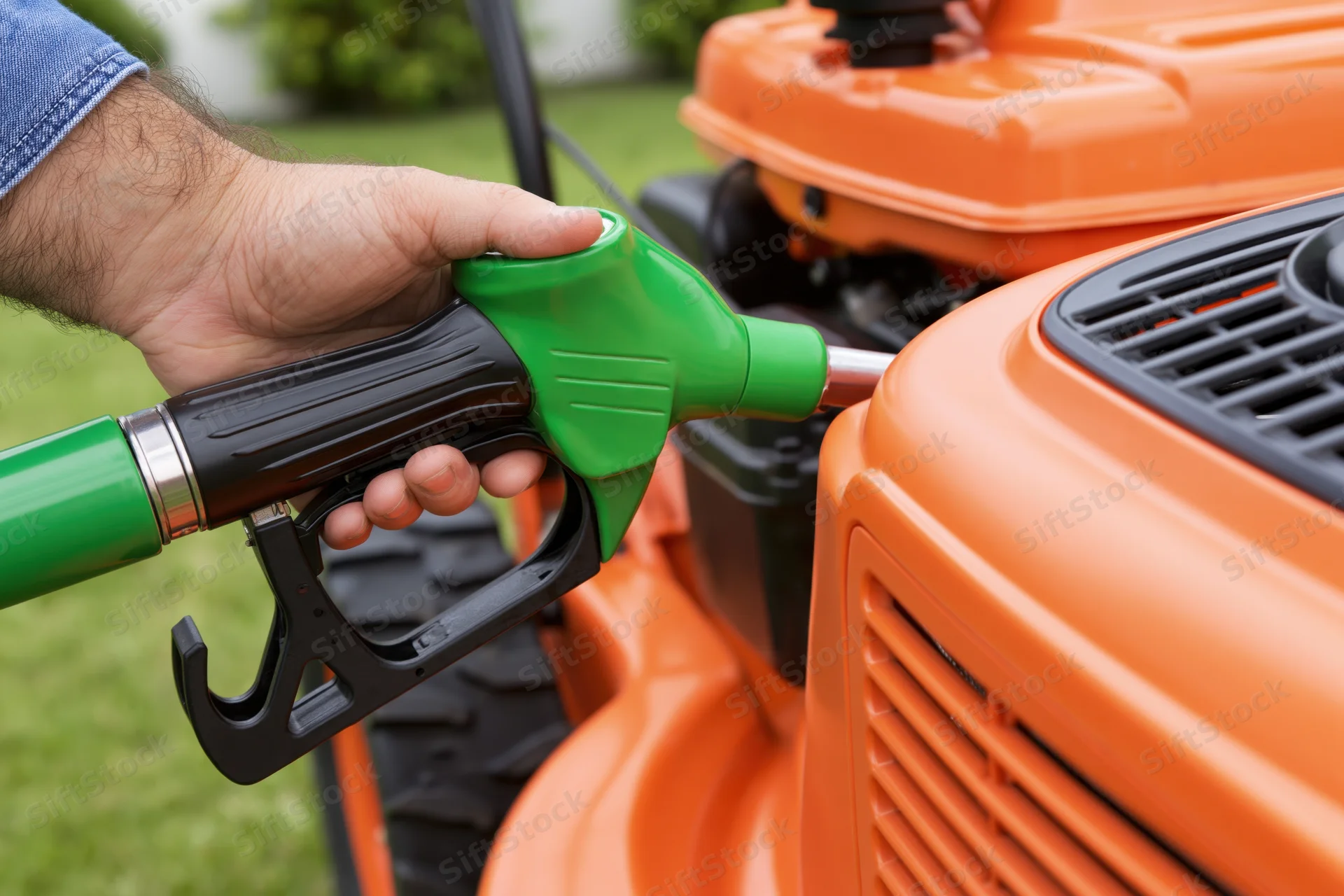 Hand inserting green fuel nozzle into orange portable generator outdoors