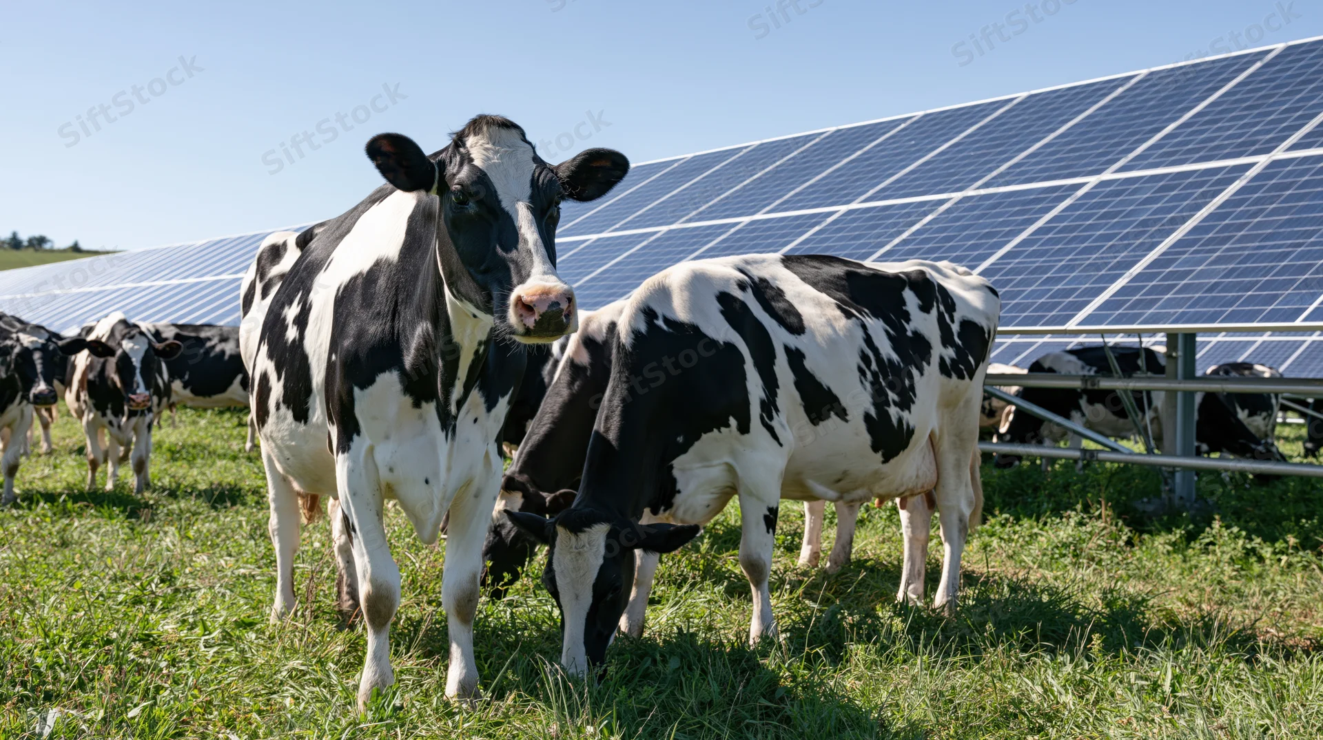 Black-and-white cows grazing in a grassy pasture beside solar panels on a sunny day