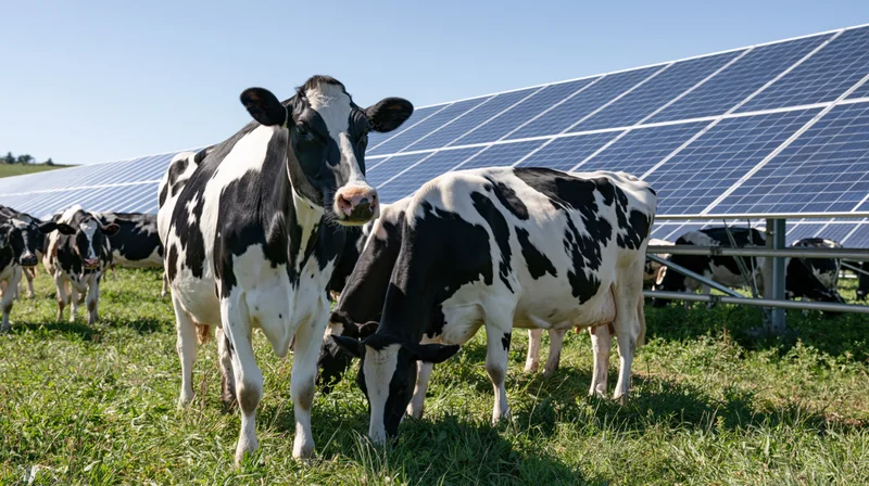Black-and-white cows grazing in a grassy pasture beside solar panels on a sunny day