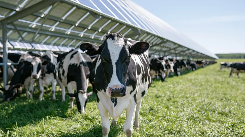 Black-and-white cow standing in a grassy pasture under a solar panel shelter with a herd behind it