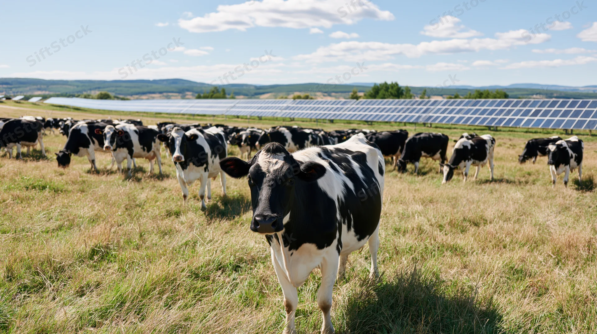 Black-and-white cow standing in a grassy pasture with a herd grazing behind solar panels under a partly cloudy sky