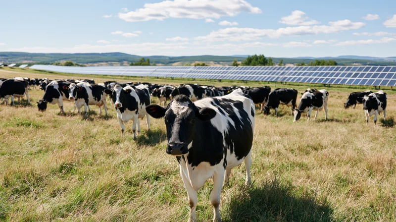 Black-and-white cow standing in a grassy pasture with a herd grazing behind solar panels under a partly cloudy sky