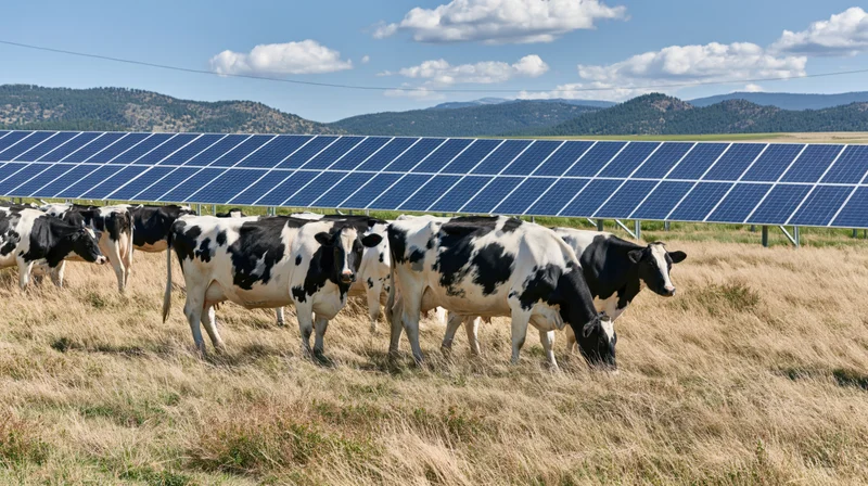 Black-and-white cows grazing in a grassy field with solar panels in the background