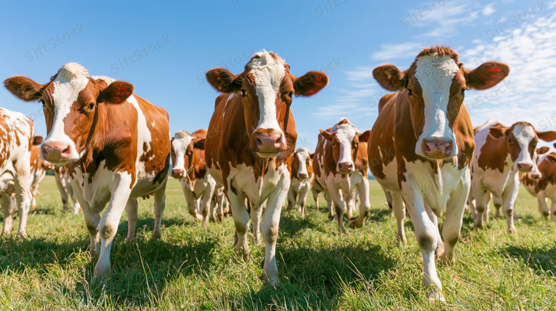 Herd of brown-and-white cows walking toward camera in a grassy pasture under a clear blue sky