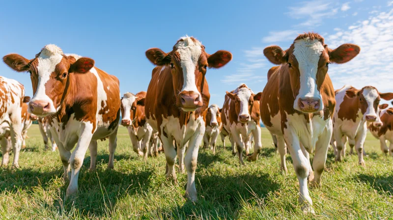 Herd of brown-and-white cows walking toward camera in a grassy pasture under a clear blue sky