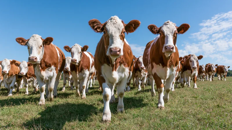 Herd of brown-and-white cattle walking forward in a grassy pasture under a clear blue sky