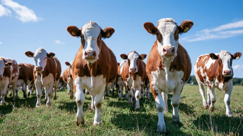 Herd of brown-and-white cattle standing in a grassy pasture under a blue sky